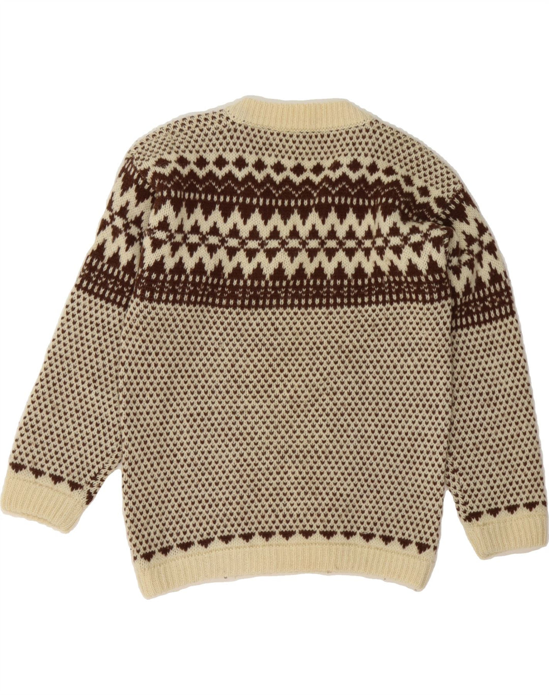 BENETTON Womens V-Neck Jumper Sweater IT 46 Large Beige Fair Isle Wool Vintage Benetton and Second-Hand Benetton from Messina Hembry 