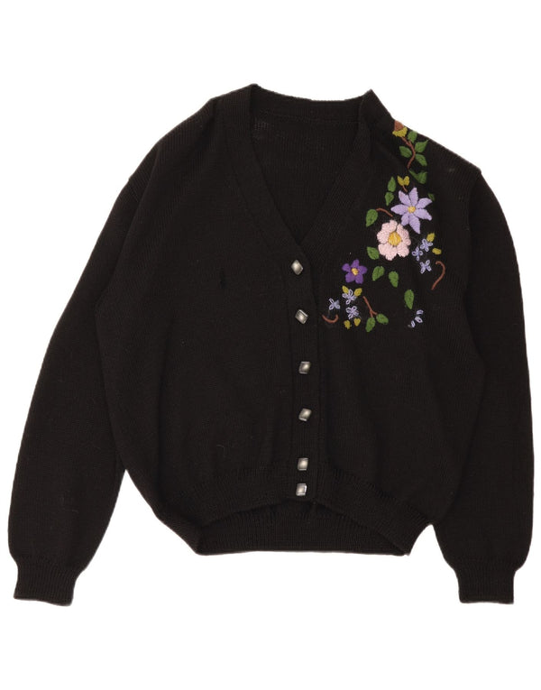 Maglione cardigan da donna vintage UK 16 grande floreale nero