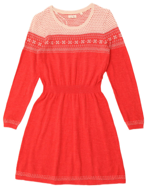 Fat Face Womens Long Sleeve Jumper Dress UK 12 Medium Red Fair Isle Cotton