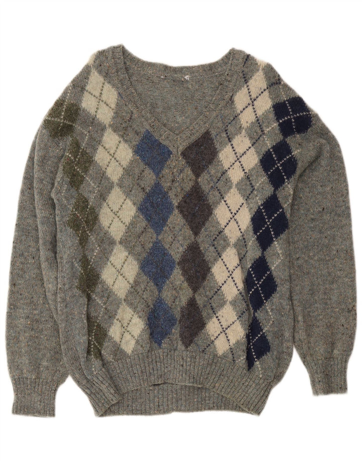 Maglione vintage da uomo con scollo a V in lana vergine grigio medio a rombi/diamanti