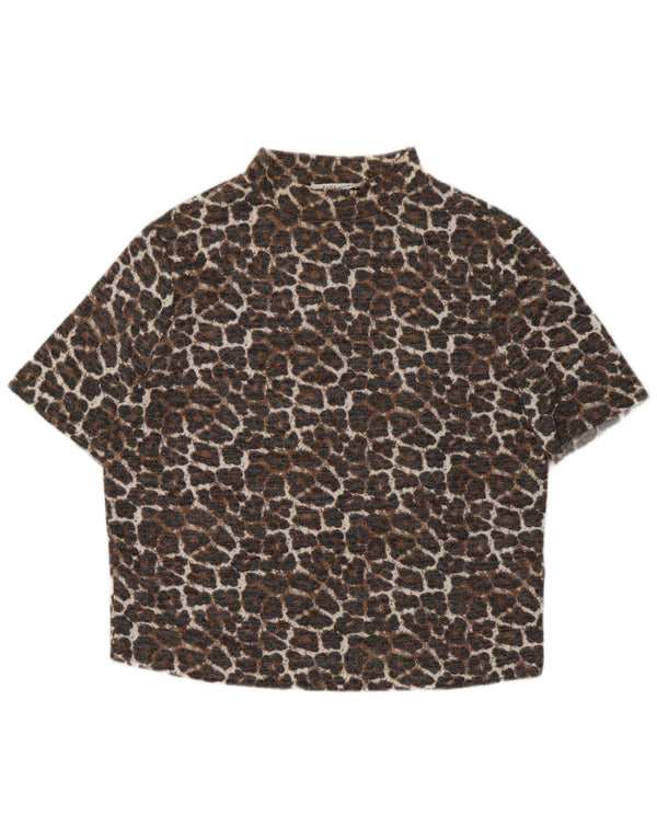 Zara Trafaluc Crop Blouse Top da donna UK 14 Large Beige Animal Print Viscosa