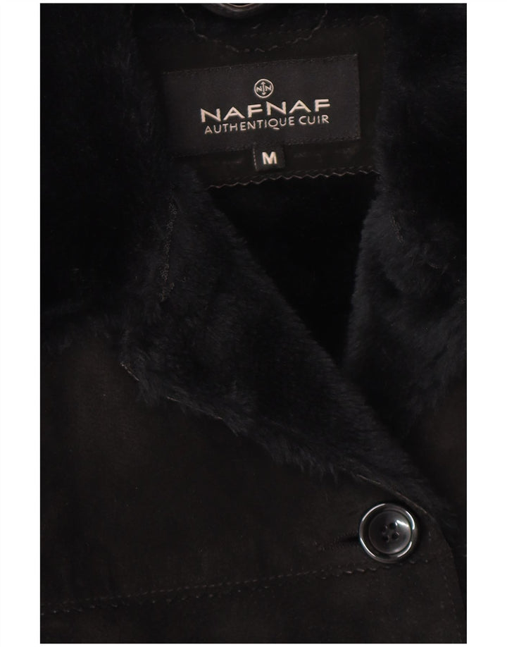 Naf Naf Cappotto da donna in pelle scamosciata Sherpa UK 12 medio in pelle nera invernale