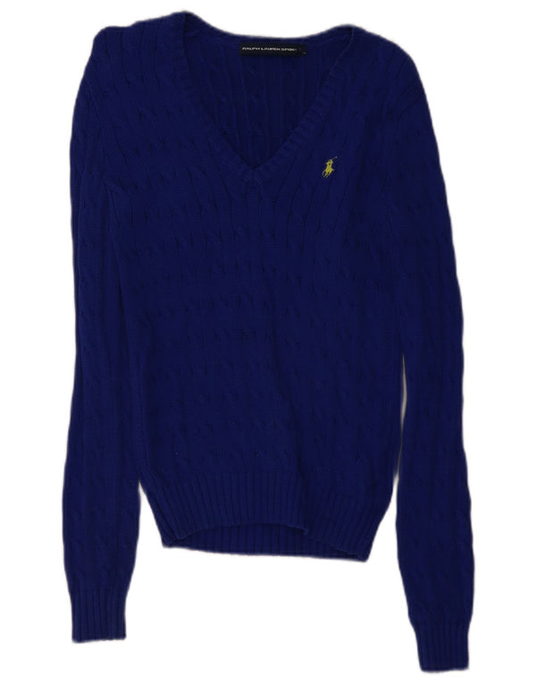RALPH LAUREN Maglione da donna con scollo a V UK 10 Piccolo cotone blu