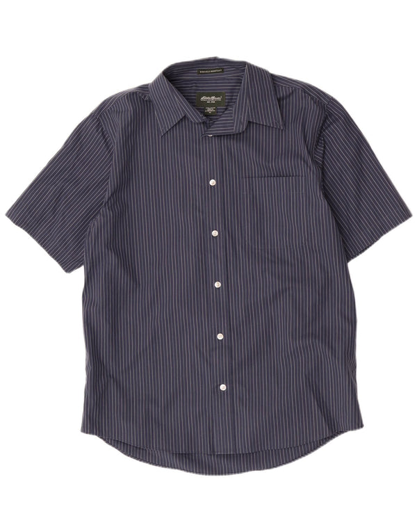 Eddie Bauer Mens Short Sleeve Shirt Medium Navy Blue Pinstripe Cotton