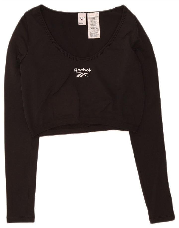 REEBOK Womens Crop Graphic Top Long Sleeve UK 12/14 Medium Black Nylon
