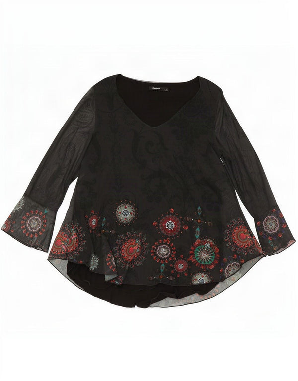 Desigual Donna Manica Lunga Tunica Top UK 12 Medio Nero Paisley Poliestere