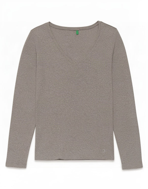 Top da donna Benetton manica lunga UK 12 cotone grigio medio