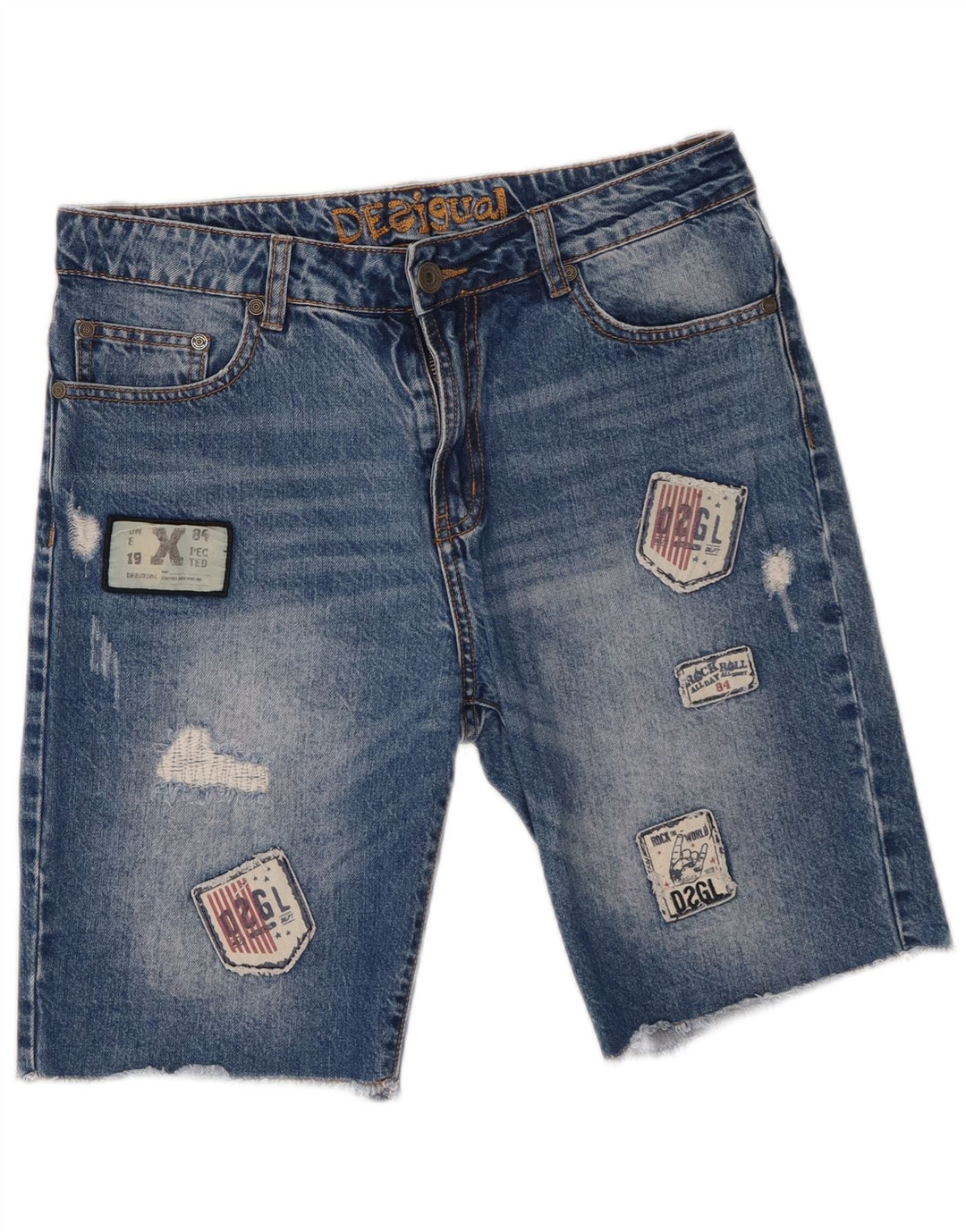 Desigual Pantaloncini di jeans invecchiati da uomo W30 Cotone patchwork blu medio