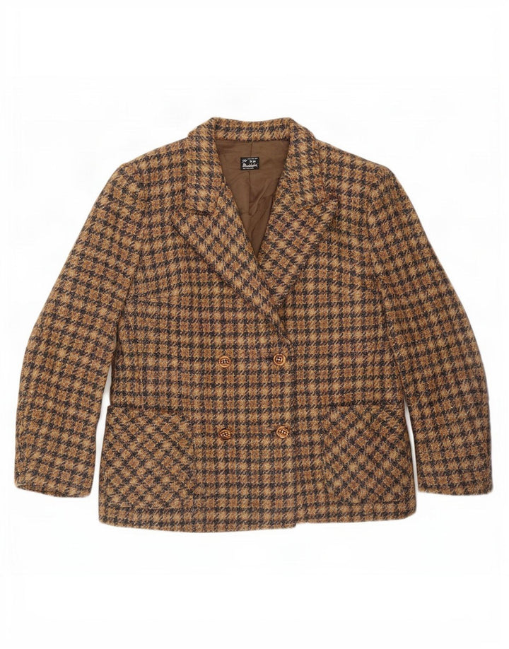 Giacca blazer doppiopetto vintage da donna UK 16 grande pied de poule marrone