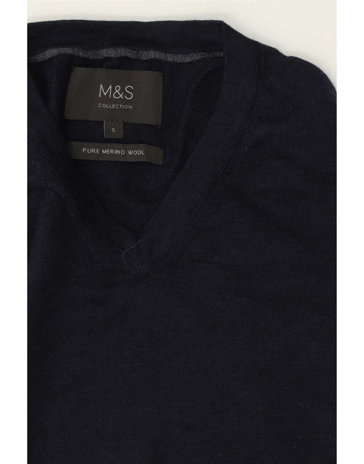 Maglione da uomo con scollo a V Marks & Spencer piccolo in lana merino blu navy