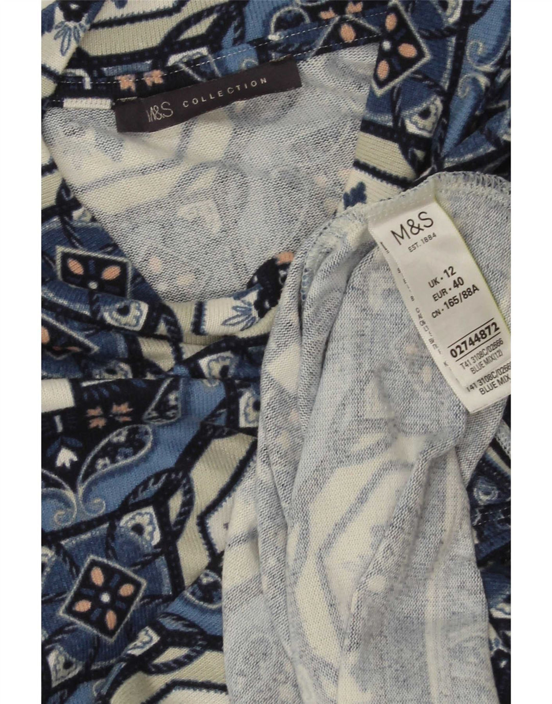 Top tunica manica 3/4 da donna Marks & Spencer UK 12 Blu medio geometrico