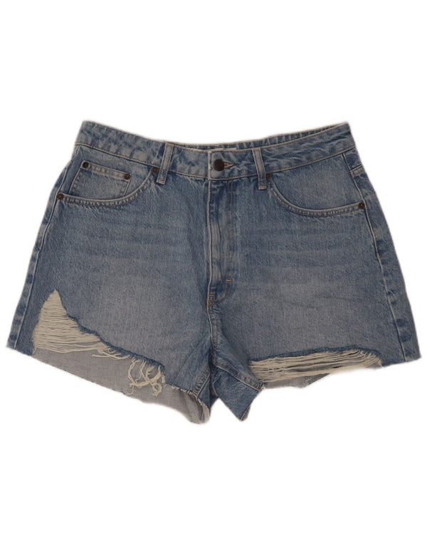 Topshop Pantaloncini di jeans a vita alta invecchiati da donna UK 14 Large W32 Blu
