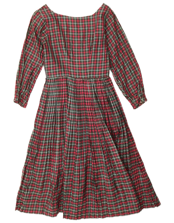 Abito a trapezio a maniche lunghe da donna vintage UK 8 piccoli quadri rossi