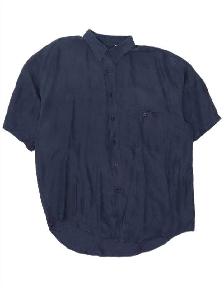 Camicia vintage da uomo a maniche corte XL in seta blu navy