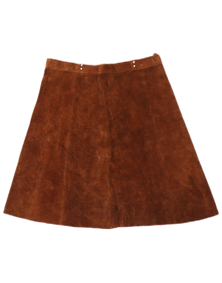 Gonna a trapezio vintage da donna in pelle scamosciata W28 marrone medio