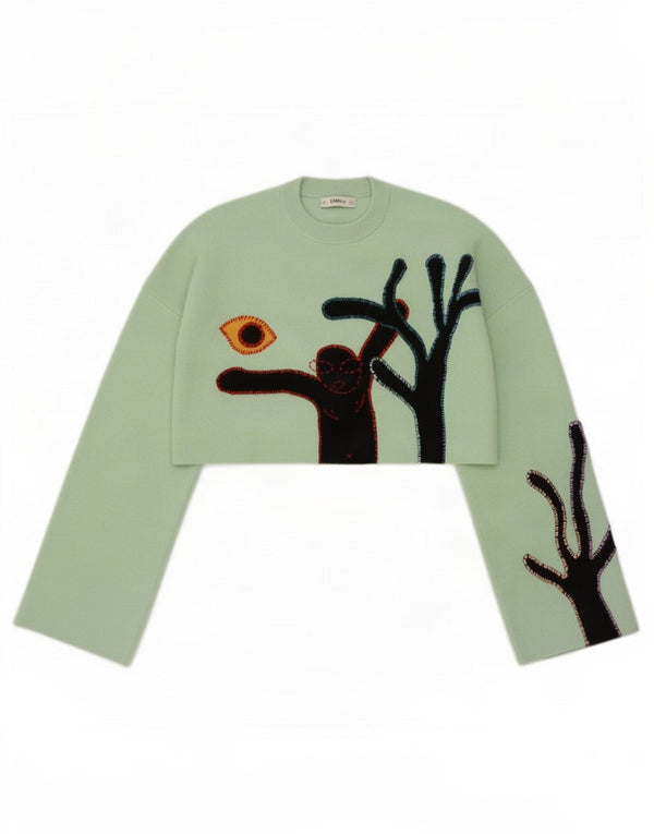 Maglione girocollo con grafica corta da donna Zara UK 14 Verde medio