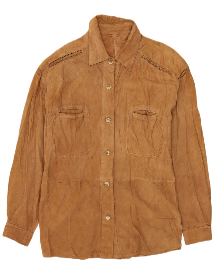 Camicia overshirt da donna vintage in pelle scamosciata UK 14 Pelle beige media
