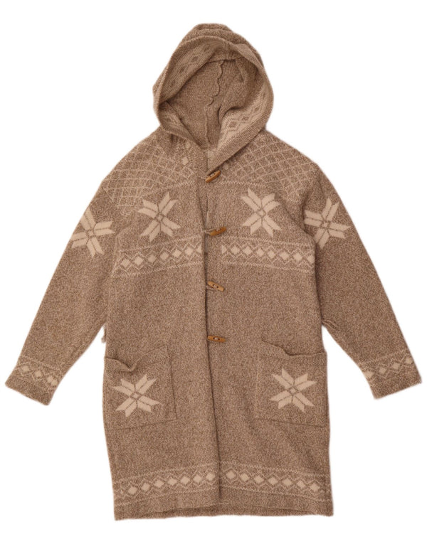 Maglione cardigan con cappuccio lungo da donna vintage UK 16 Large Grey Fair Isle
