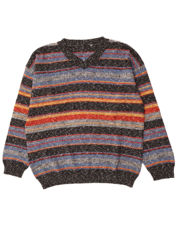 Maglione vintage da uomo con scollo a V, grande acrilico a strisce multicolore