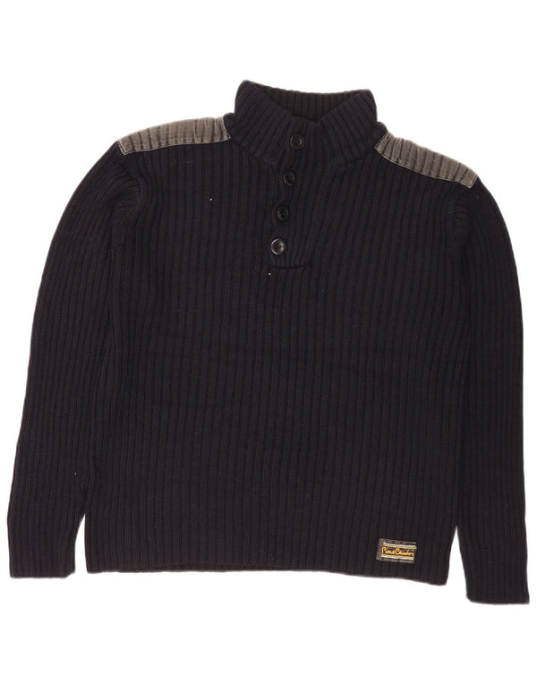 Pierre Cardin Maglione da uomo con collo a bottoni piccolo color block blu navy