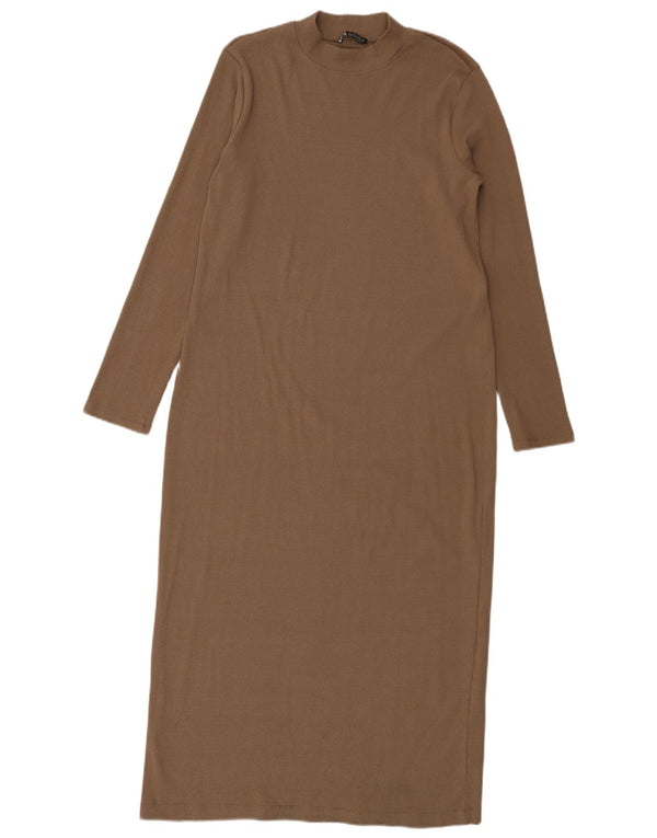 Vestito lungo a maniche lunghe da donna Zara UK 14 grande in cotone marrone