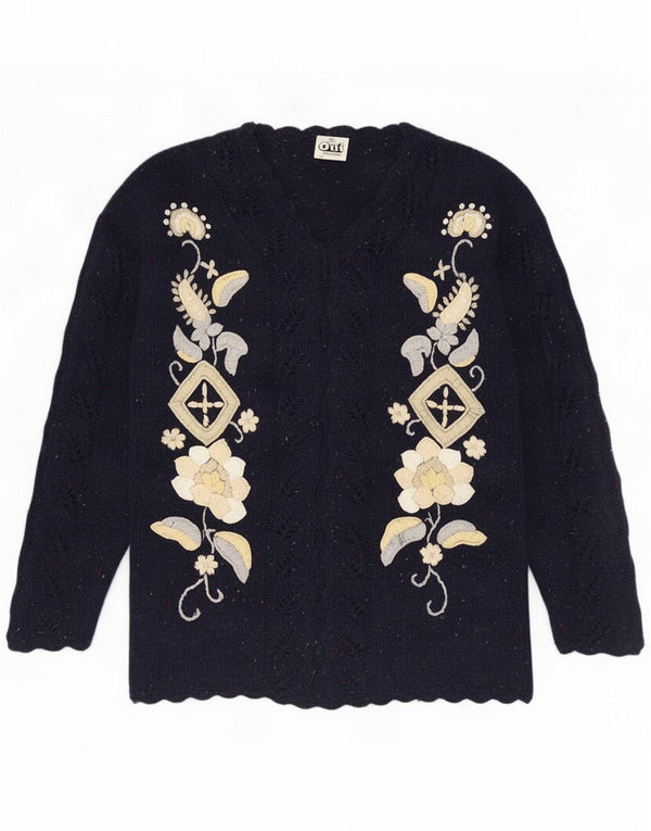Oui Womens Oversized Cardigan Sweater UK 10 Small Navy Blue Floral Acrylic