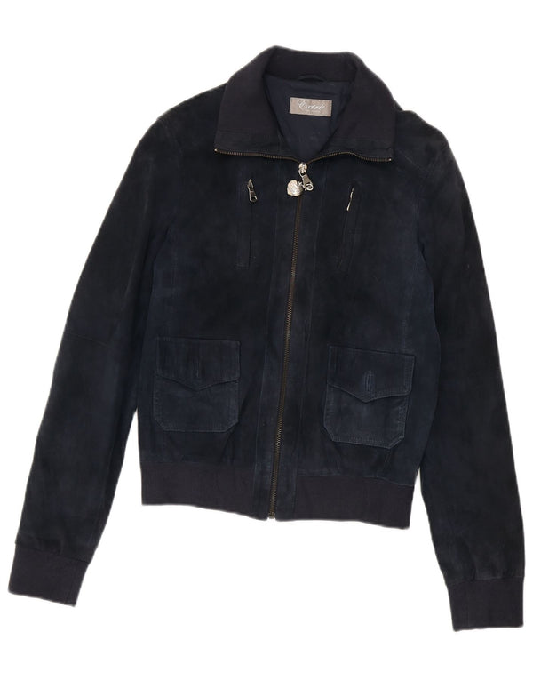 Giubbotto bomber in pelle scamosciata vintage da donna UK 12 in pelle blu navy media