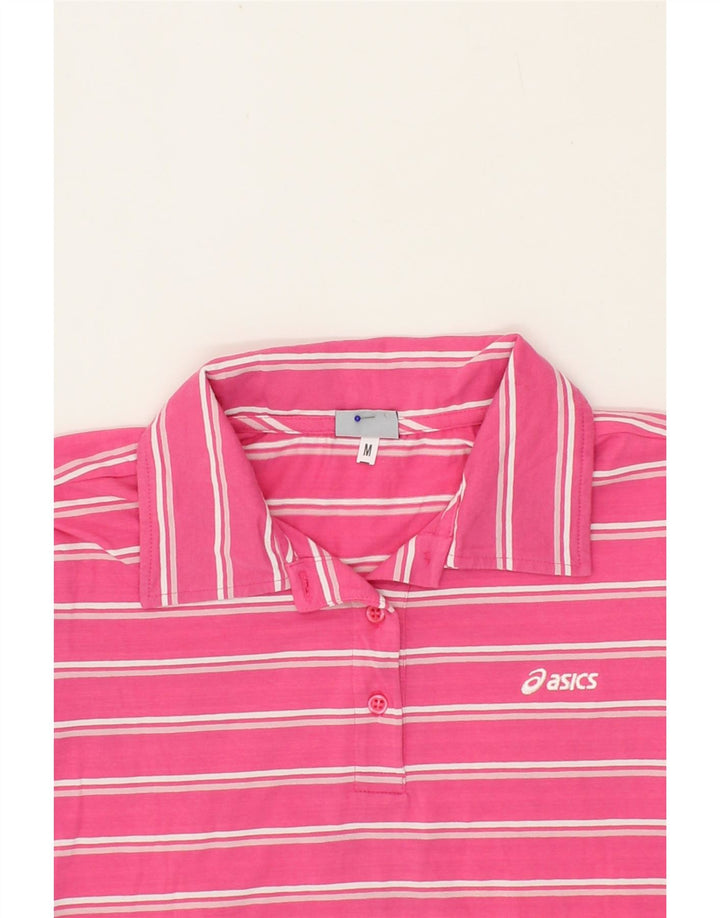 ASICS Womens Polo Shirt UK 12 Medium Pink Striped Vintage Asics and Second-Hand Asics from Messina Hembry 