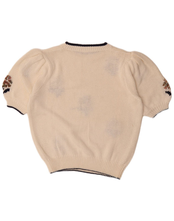 Maglione maglione girocollo a maniche corte da donna vintage UK 20 2XL bianco floreale