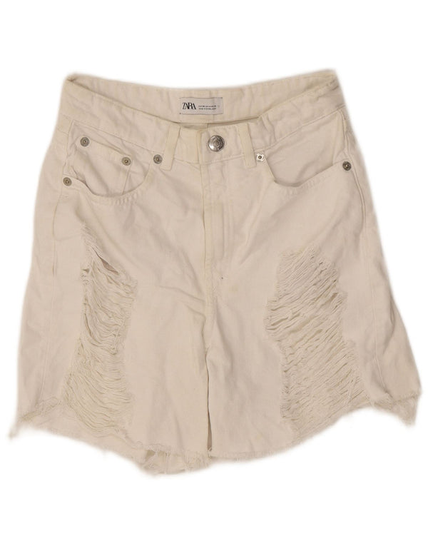 Pantaloncini in denim invecchiato da donna Zara EU 36 XS W26 cotone bianco