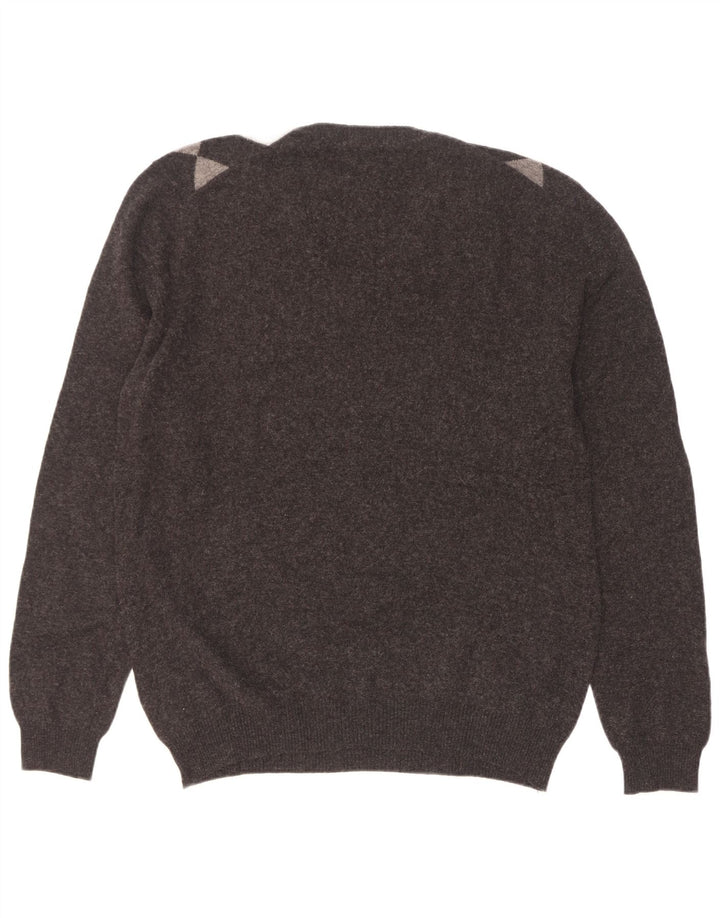 Maglione da uomo con scollo a V Benetton XL grigio a rombi/lana diamante