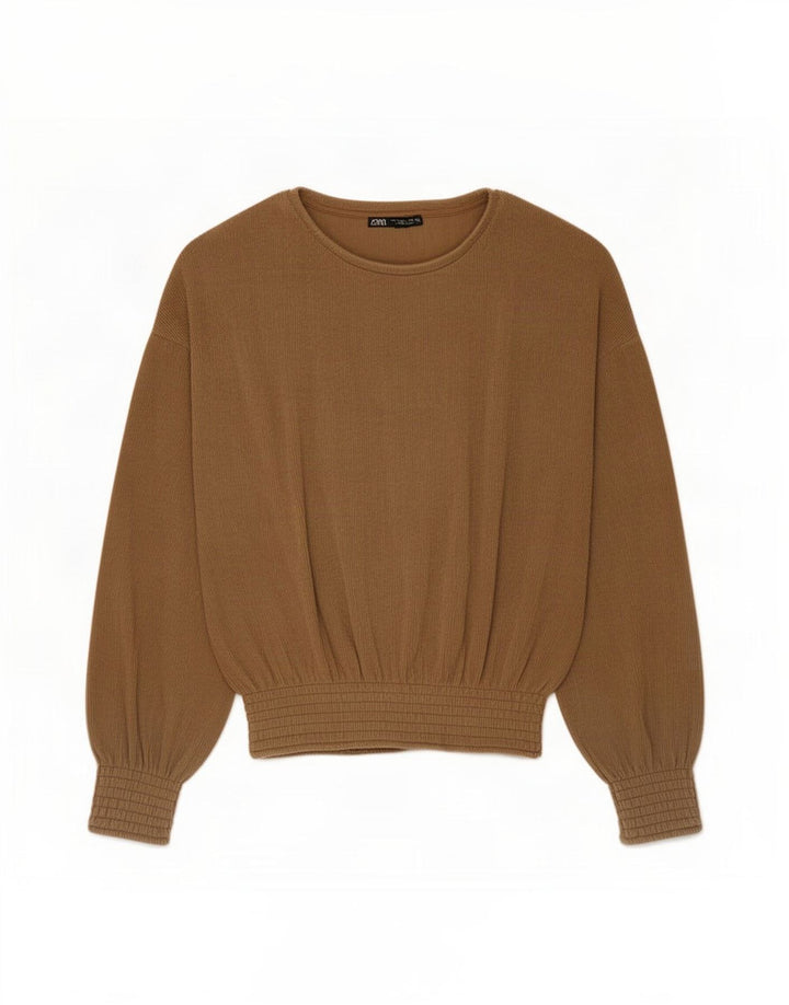 Top Zara da donna oversize a maniche lunghe UK 10 piccolo poliestere marrone