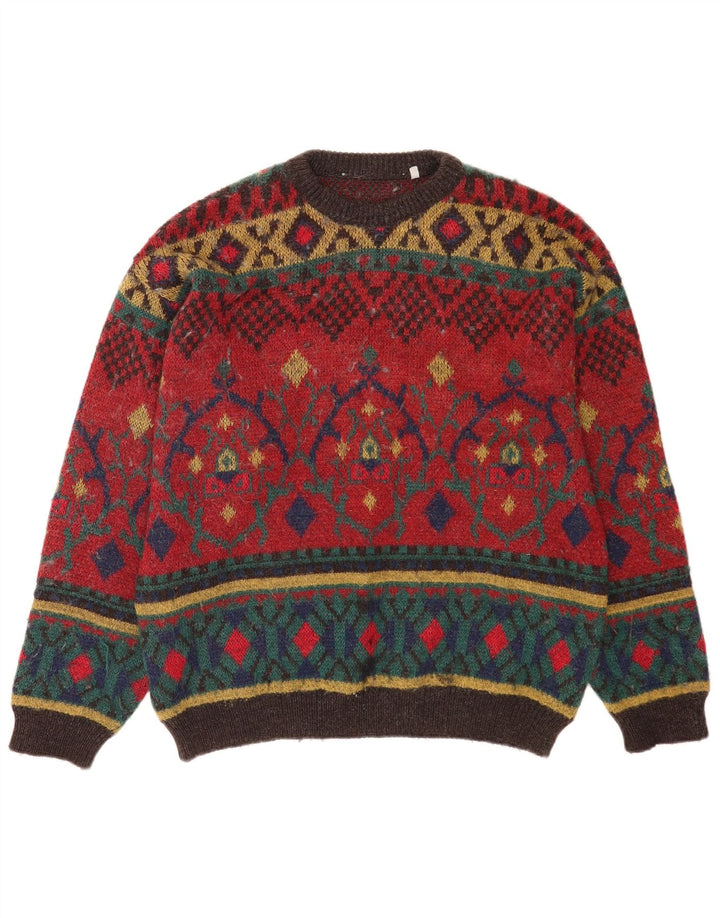 Maglione vintage da uomo con scollo a barca, grande lana geometrica rossa