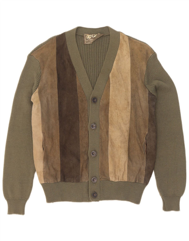 Maglione cardigan in pelle scamosciata vintage da uomo IT 50 Lana color block color kaki medio