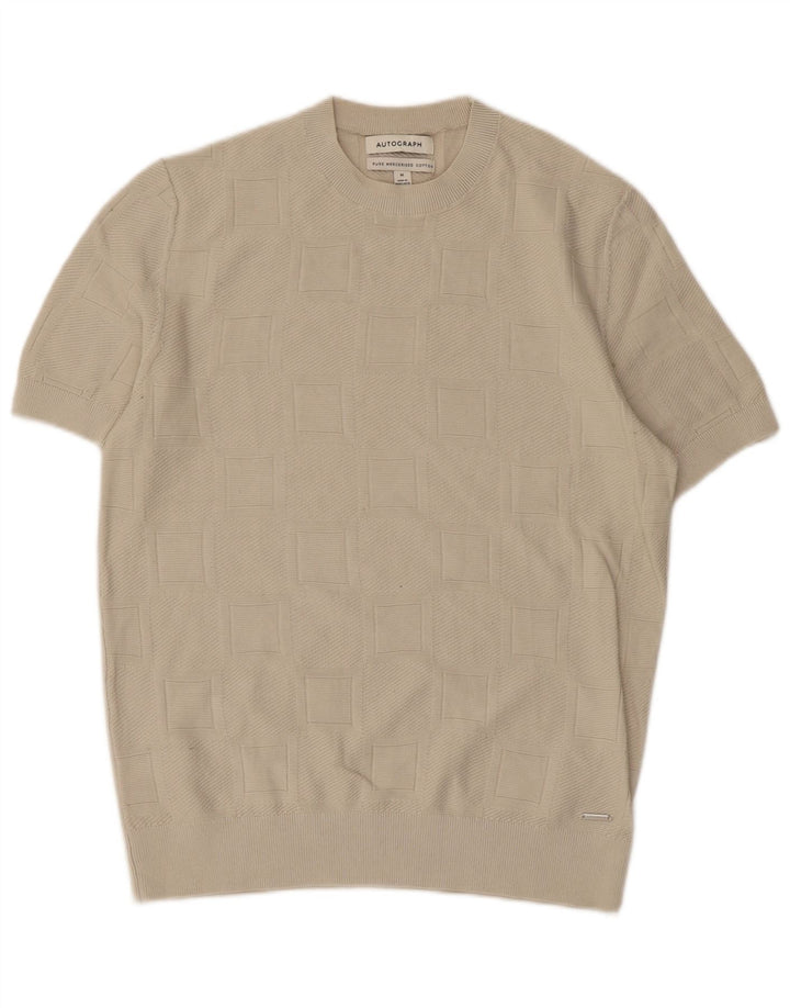 Maglione da uomo girocollo a maniche corte autografo in cotone beige medio