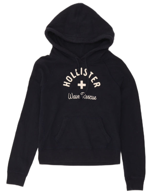 Felpa con cappuccio Hollister Graphic Crop da donna UK 12 Medium Navy Blue Cotton