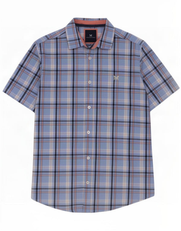 Crew Clothing Camicia slim fit da uomo a maniche corte piccola in cotone a quadri blu
