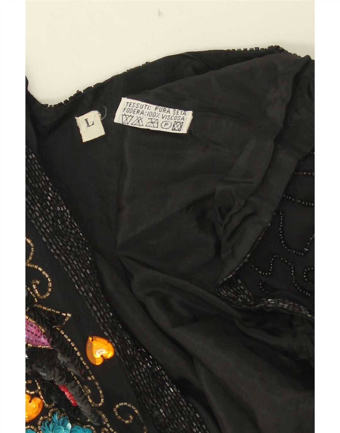 Giacca blazer da sera vintage da donna UK 16 grande seta floreale nera