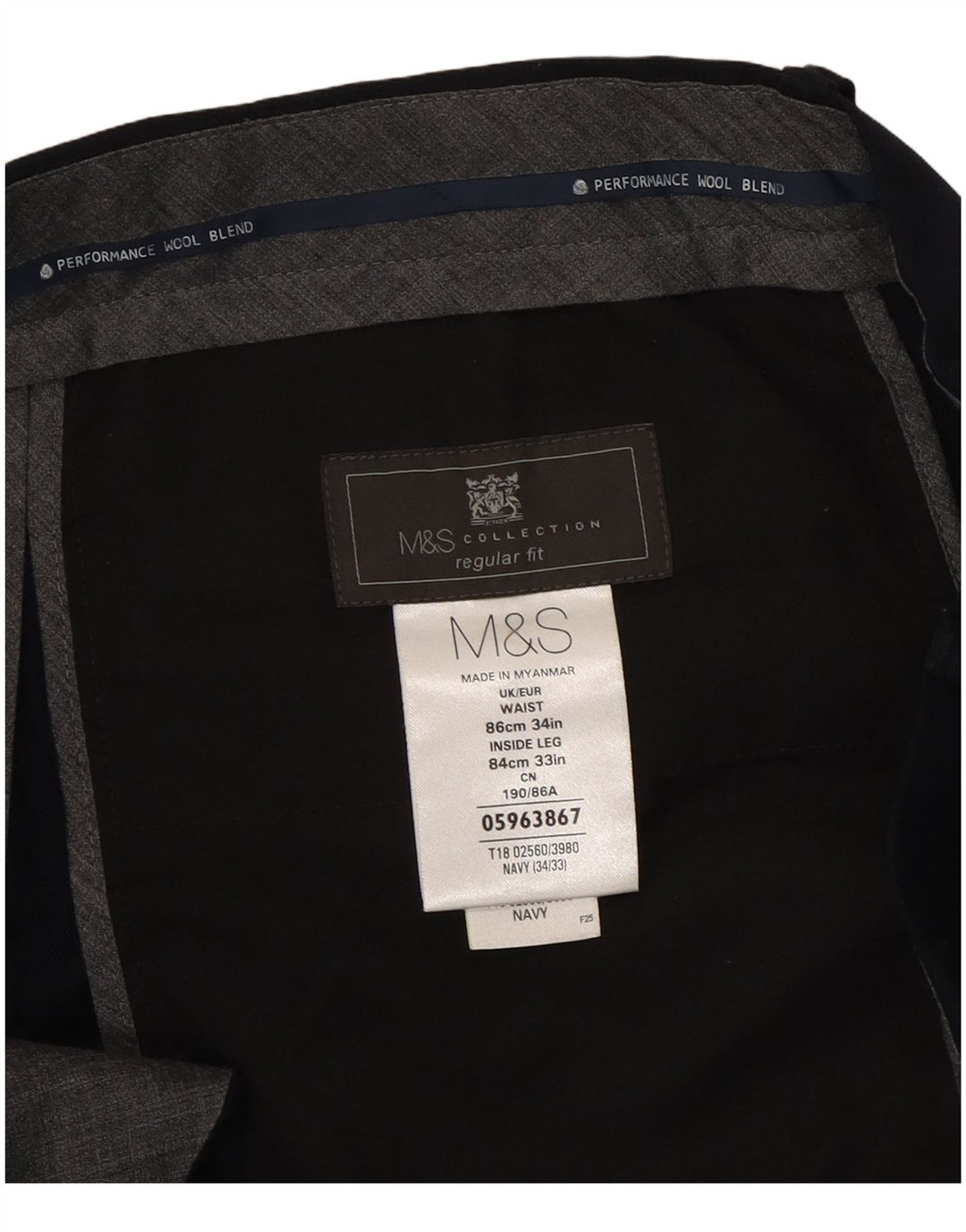 Pantaloni da completo da uomo Marks & Spencer con vestibilità regolare e pegged W34 L33 Blu Navy