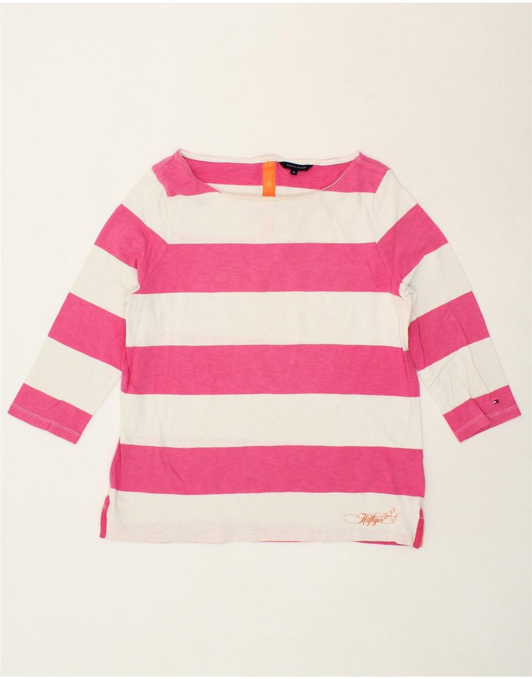 TOMMY HILFIGER Womens Top 3/4 Sleeve UK 12 Medium Pink Striped Vintage Tommy Hilfiger and Second-Hand Tommy Hilfiger from Messina Hembry 