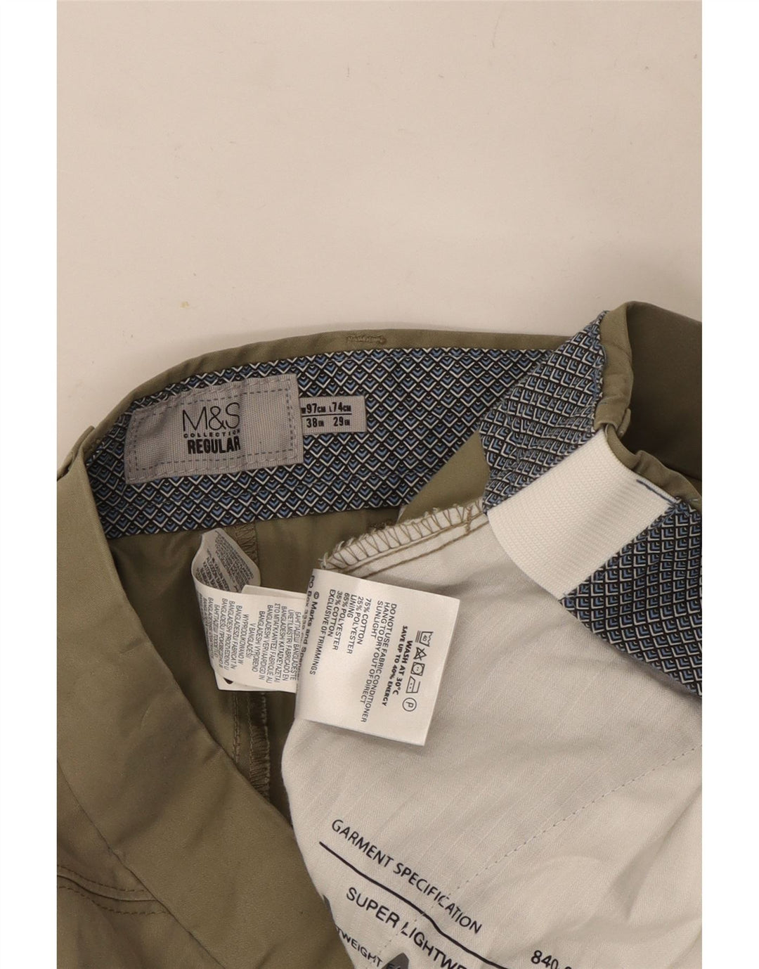 Pantaloni chino regolari dritti da uomo Marks & Spencer W38 L29 cotone kaki