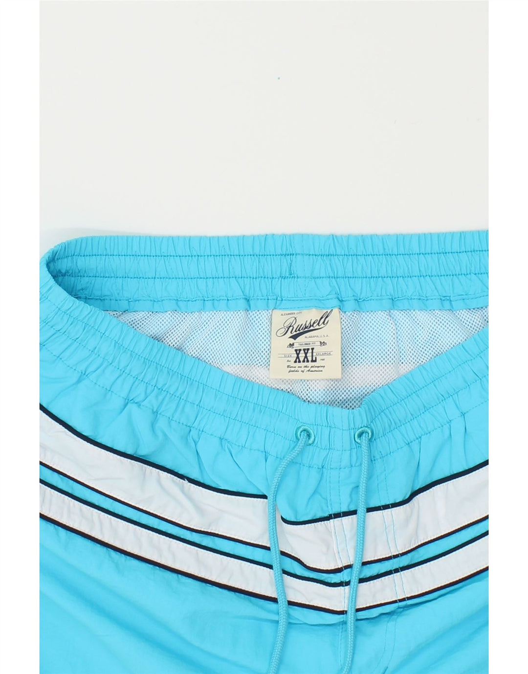 RUSSELL ATHLETIC Mens Sport Shorts 2XL Turquoise Striped Vintage Russell Athletic and Second-Hand Russell Athletic from Messina Hembry 