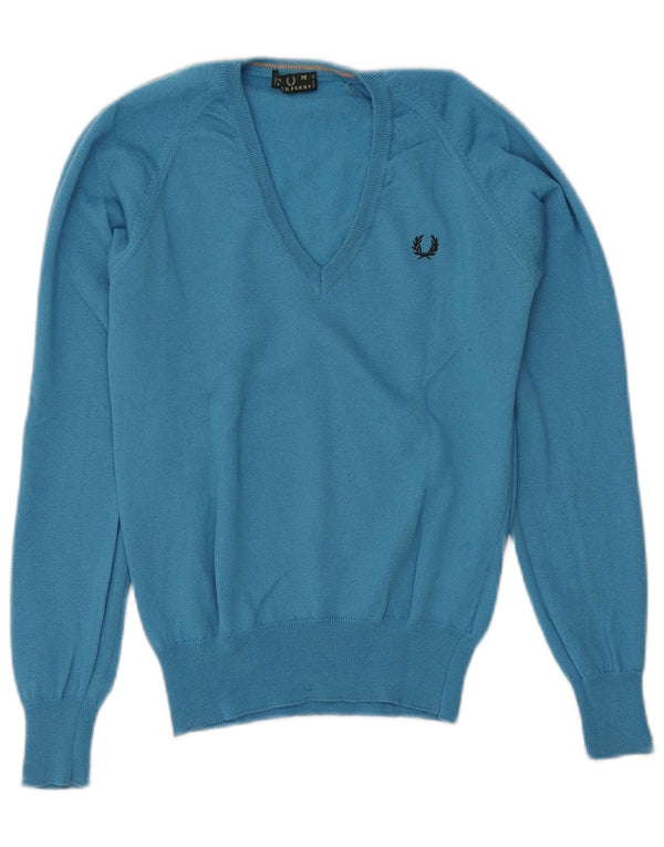 Maglione da donna con scollo a V Fred Perry UK 12 Lana blu medio