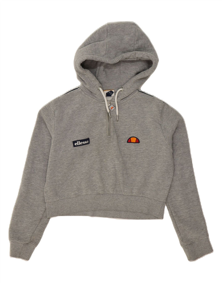 ELLESSE Womens Oversized Crop Graphic Hoodie Jumper UK 10 Small Grey Vintage Ellesse and Second-Hand Ellesse from Messina Hembry 