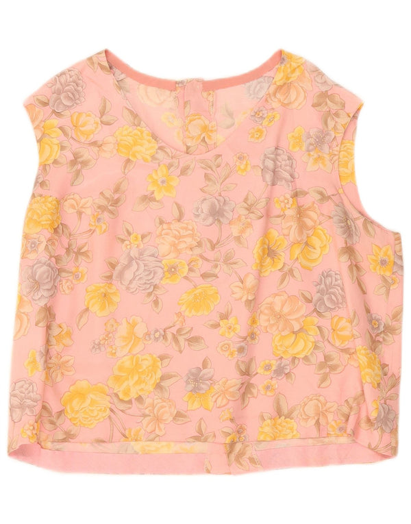Top camicetta senza maniche vintage da donna UK 12 rosa medio floreale