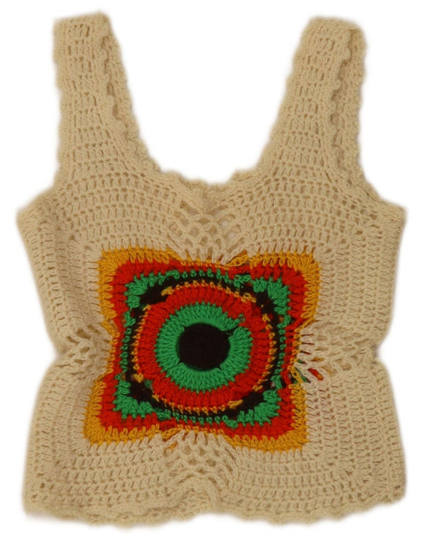 Top corto senza maniche all'uncinetto da donna vintage UK 4 XS bianco sporco geometrico