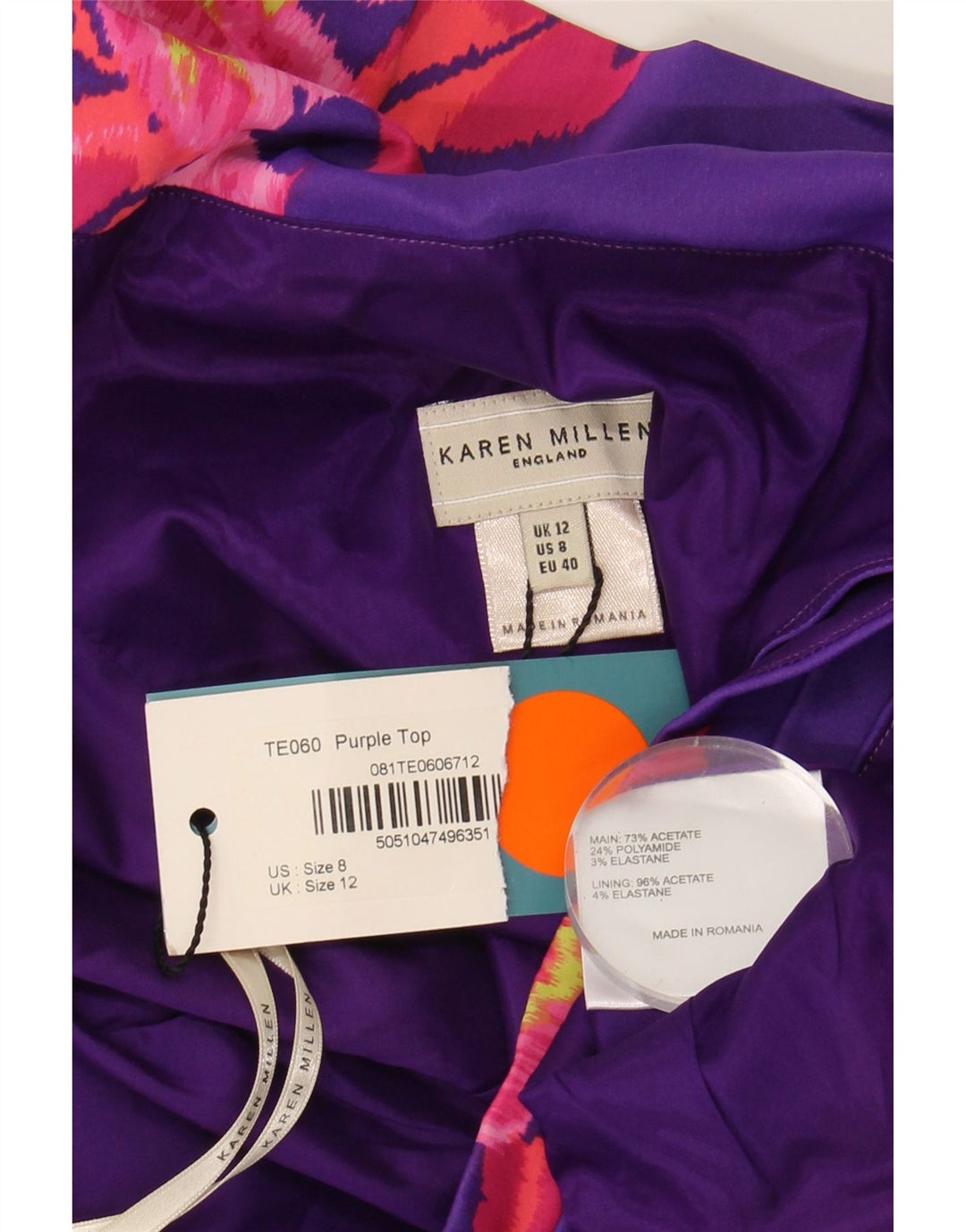 KAREN MILLEN Top corto da donna con spalle scoperte UK 12 Viola medio floreale