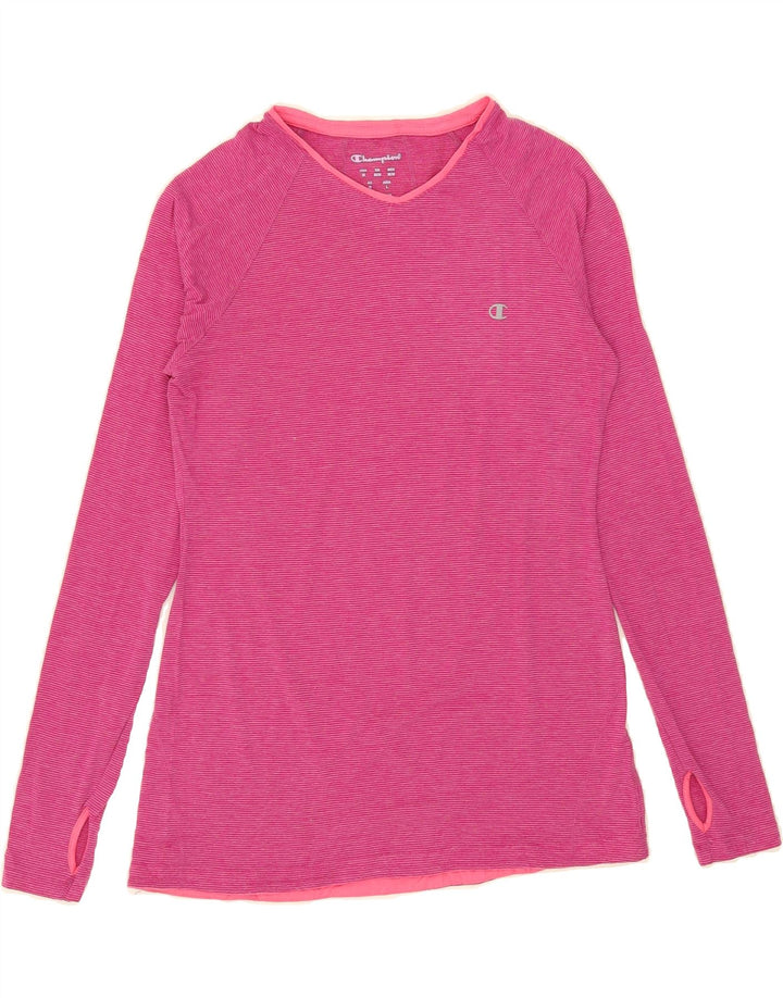 CHAMPION Womens Top Long Sleeve UK 12 Medium Pink Pinstripe Polyester Vintage Champion and Second-Hand Champion from Messina Hembry 
