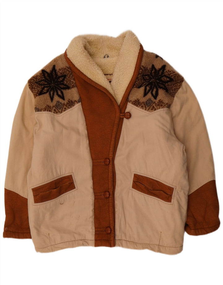 Giacca sherpa oversize da donna vintage UK 18 XL Poliestere Fair Isle beige