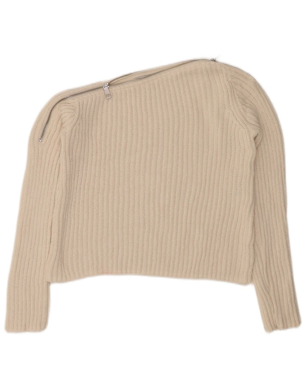 Maglione ZARA da donna con scollo a barca corto UK 12 poliestere bianco sporco medio